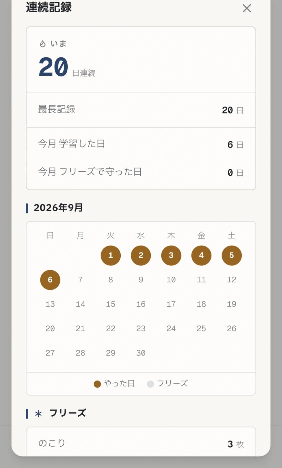 連続記録。学習した日のカレンダーとフリーズ